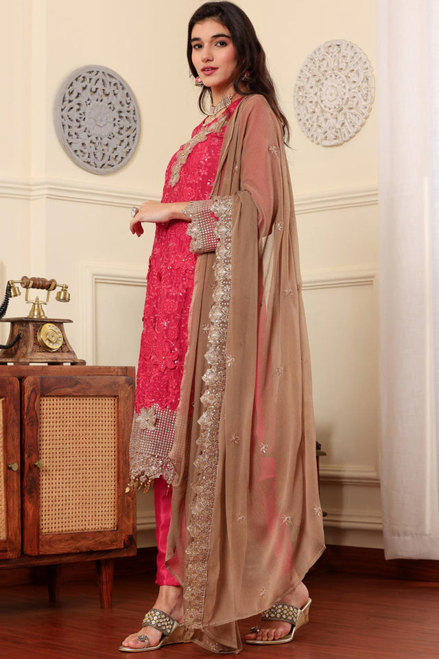 Pink Chinon Silk Embroidered Pakistani Suit