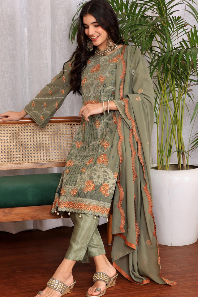Green Georgette Embroidered Pakistani Suit
