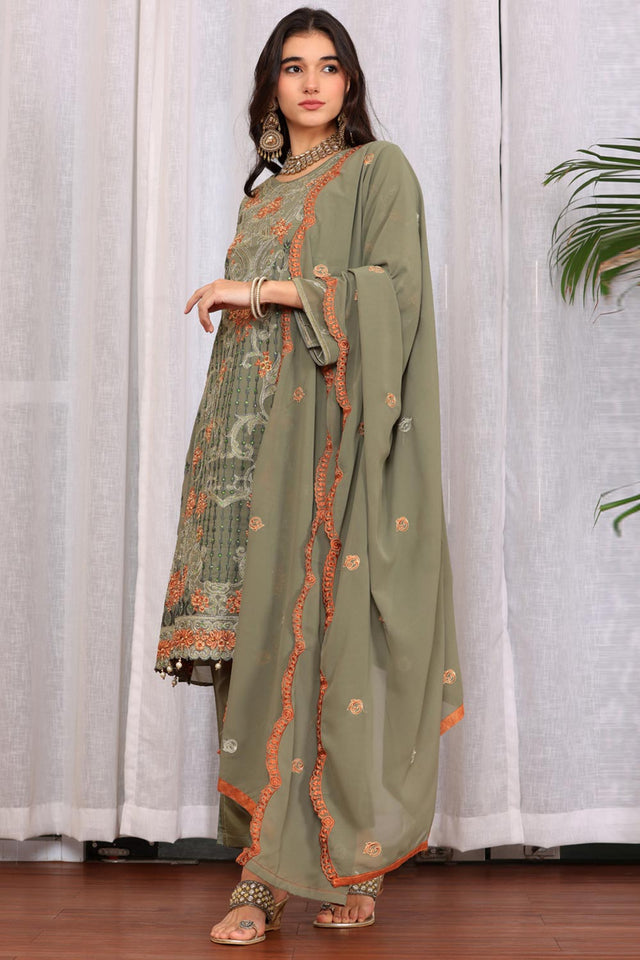 Green Georgette Embroidered Pakistani Suit