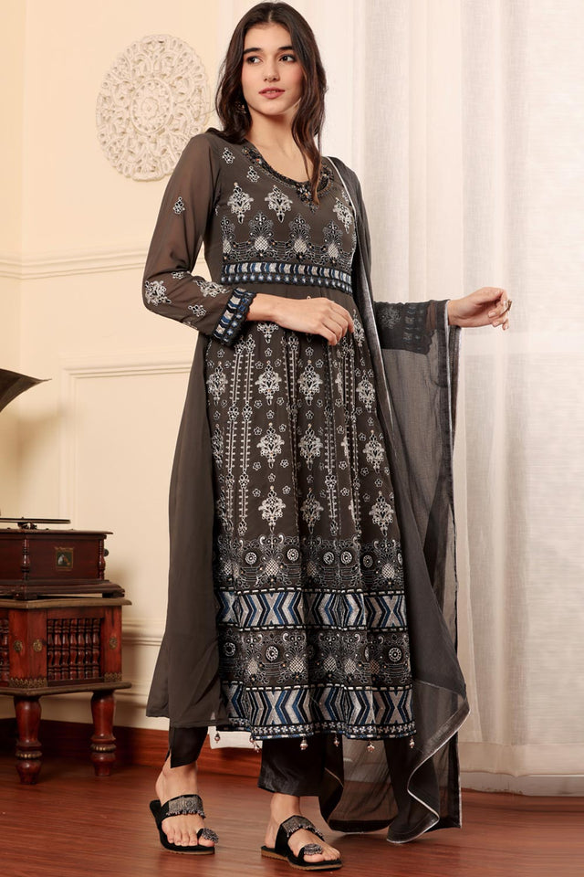 Brown Georgette Embroidered Pakistani Suit
