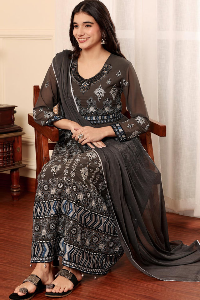 Brown Georgette Embroidered Pakistani Suit
