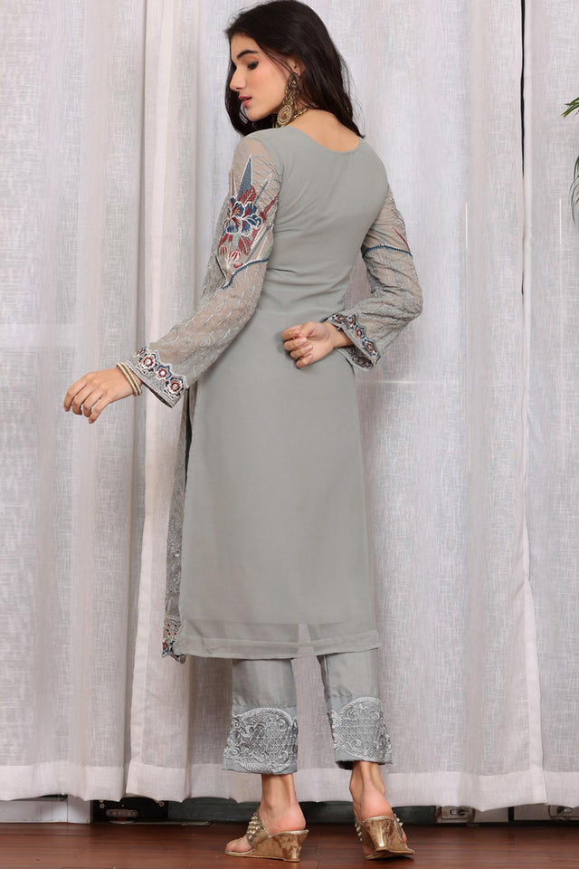 Grey Georgette Embroidered Pakistani Suit