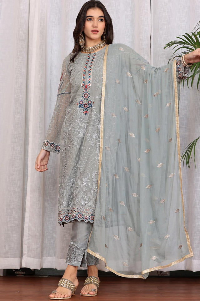 Grey Georgette Embroidered Pakistani Suit