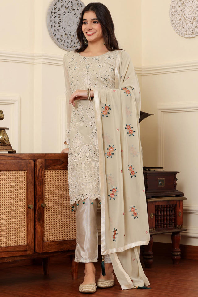 Beige Georgette Embroidered Pakistani Suit