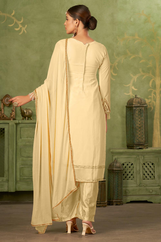 Beige Georgette Pakistani Straight Cut Suit Set