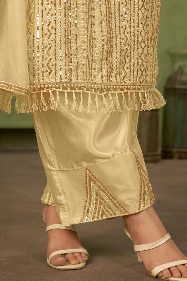 Beige Georgette Pakistani Straight Cut Suit Set