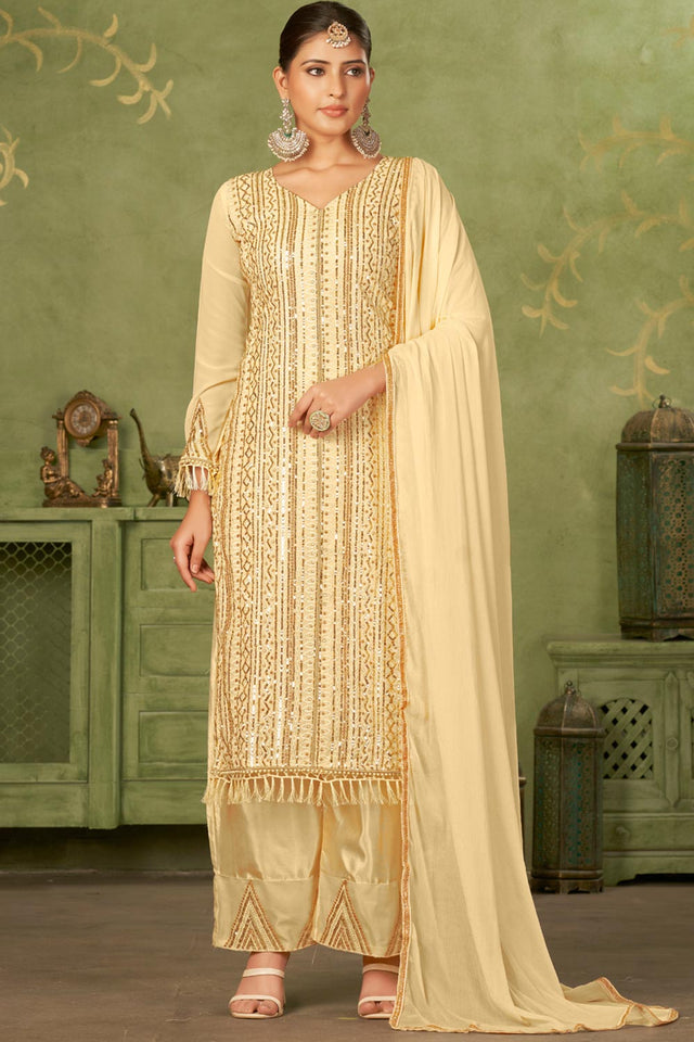 Beige Georgette Pakistani Straight Cut Suit Set