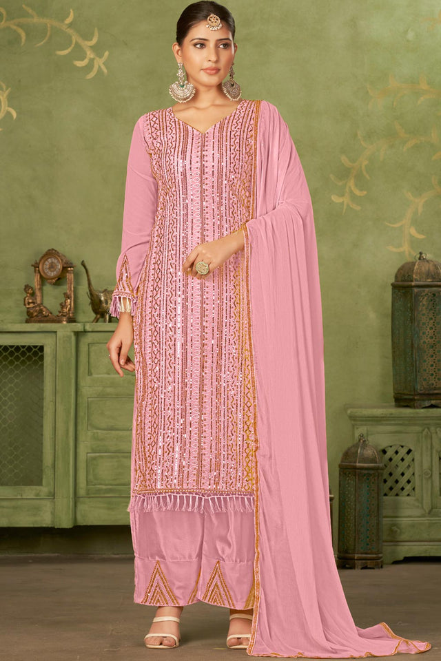 Pink Georgette Pakistani Straight Cut Suit Set