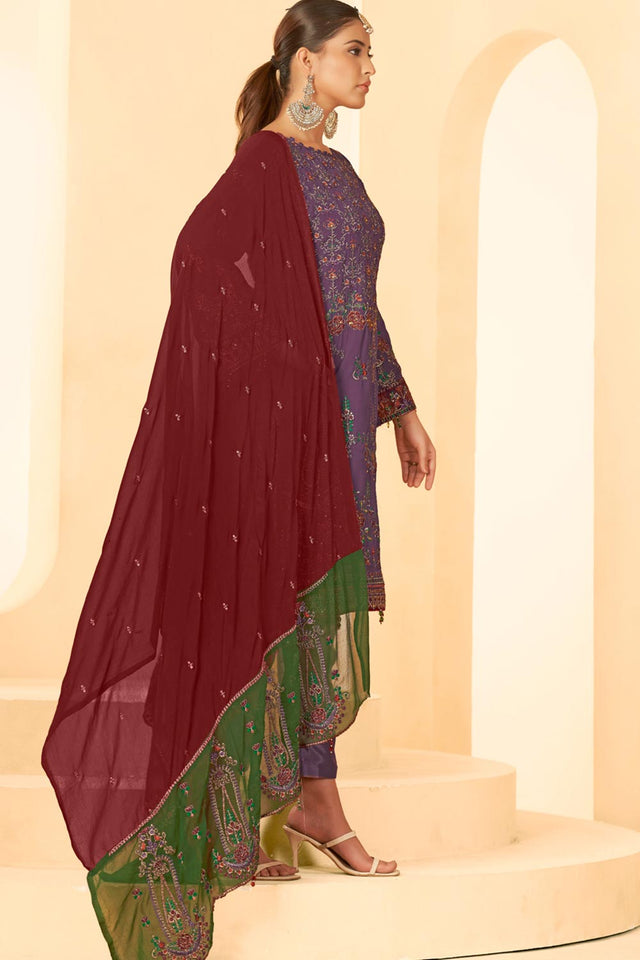 Purple Georgette Embroidered Pakistani Suit