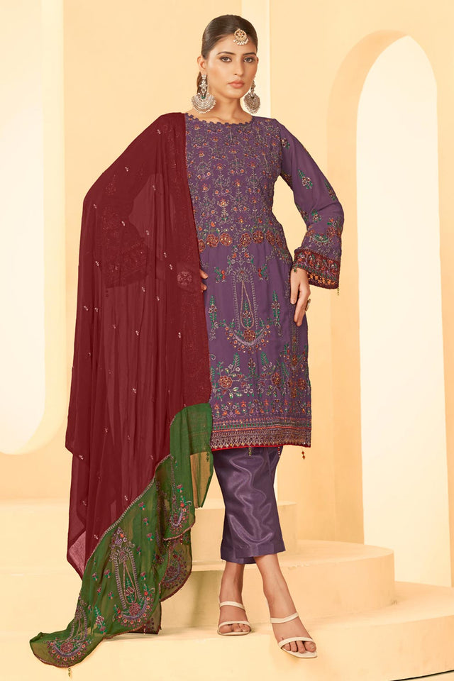 Purple Georgette Embroidered Pakistani Suit