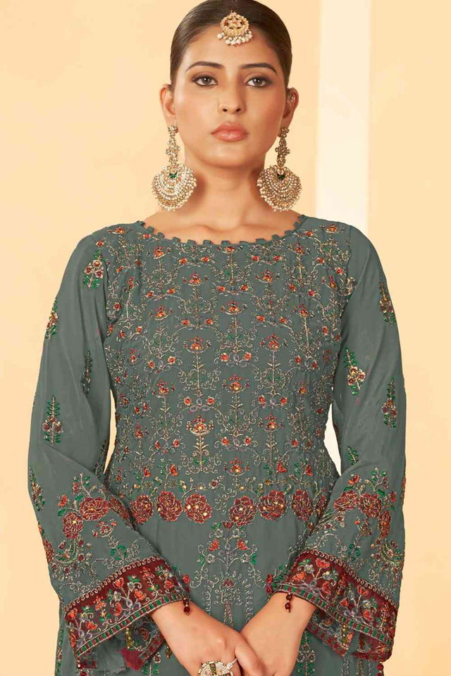 Grey Georgette Embroidered Pakistani Suit
