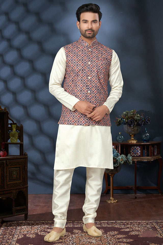 Multi-Color Embroidered Mastani Silk Kurta Pajama Koti Set