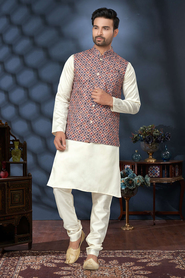 Multi-Color Embroidered Mastani Silk Kurta Pajama Koti Set