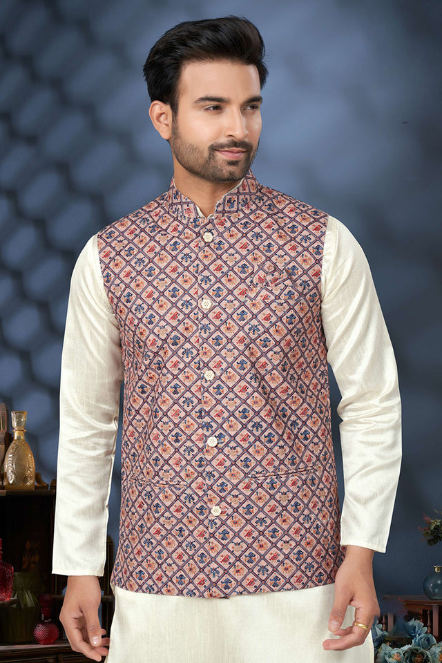 Multi-Color Embroidered Mastani Silk Kurta Pajama Koti Set
