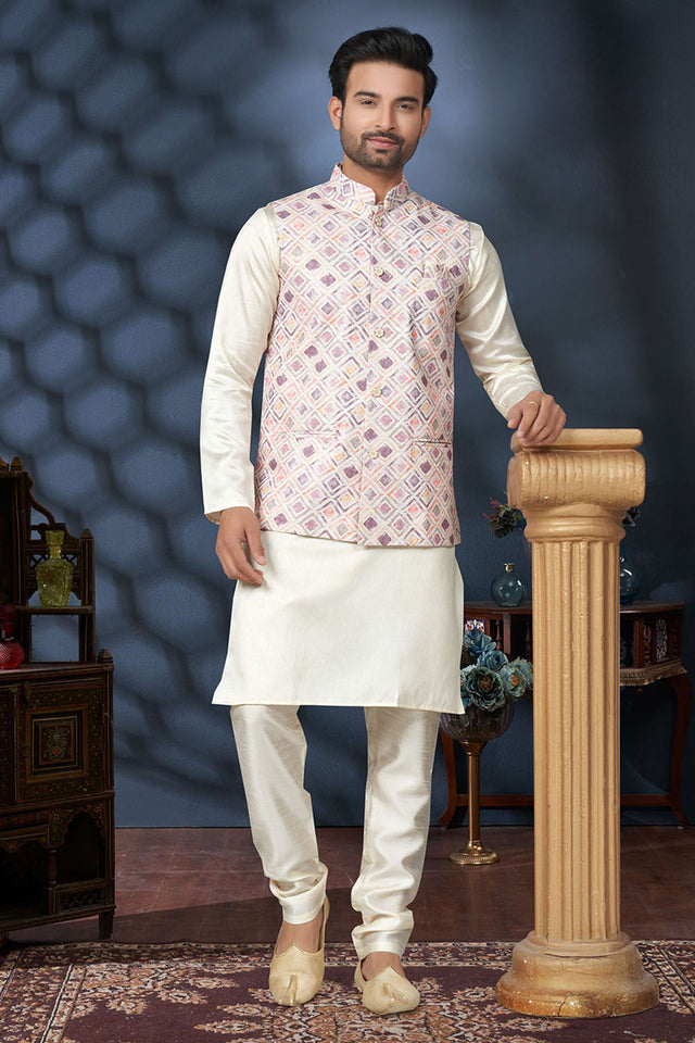 Multi-Color Embroidered Mastani Silk Kurta Pajama Koti Set