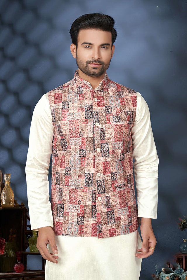 Multi-Color Embroidered Mastani Silk Kurta Pajama Koti Set