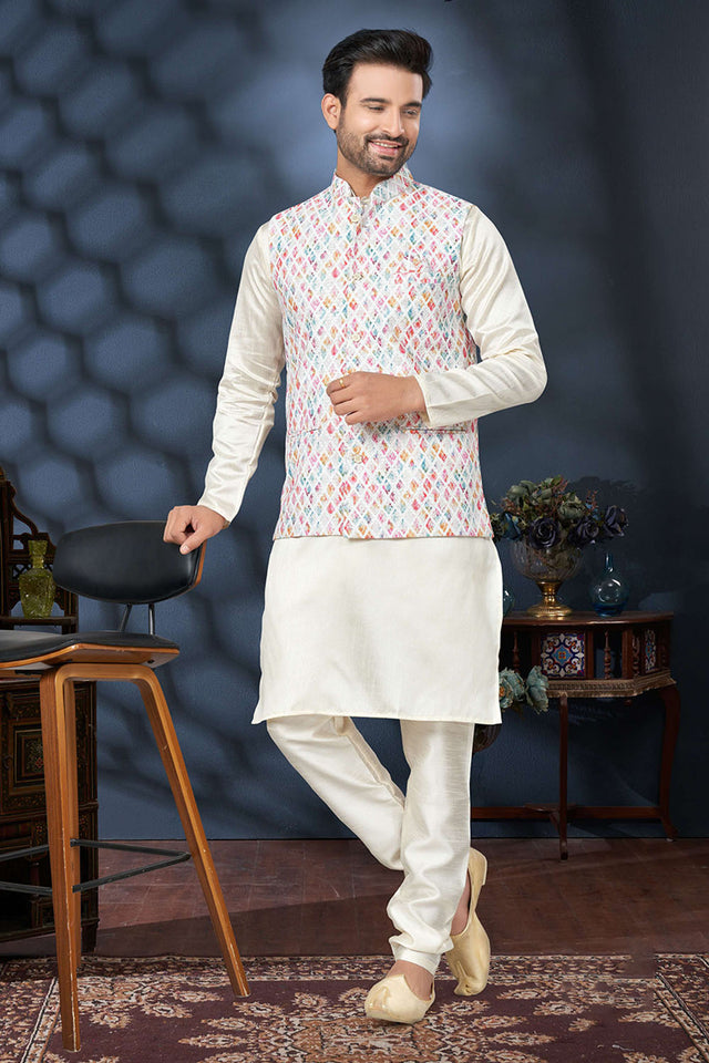 Multi-Color Embroidered Mastani Silk Kurta Pajama Koti Set