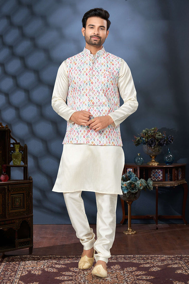 Multi-Color Embroidered Mastani Silk Kurta Pajama Koti Set