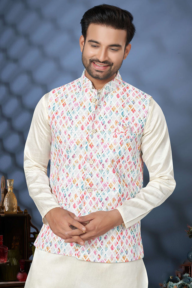 Multi-Color Embroidered Mastani Silk Kurta Pajama Koti Set