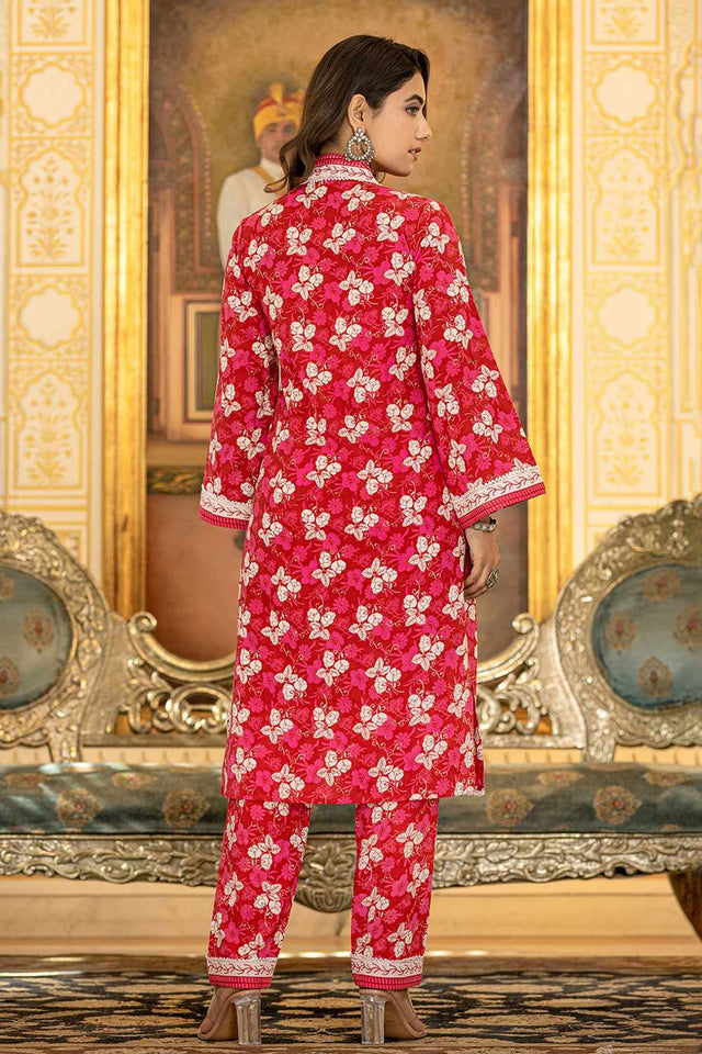 Pink Floral Print Cotton Kurti Pant Set