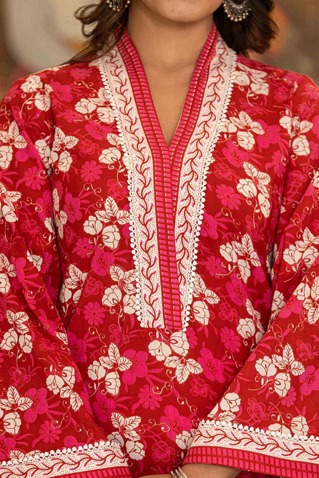 Pink Floral Print Cotton Kurti Pant Set