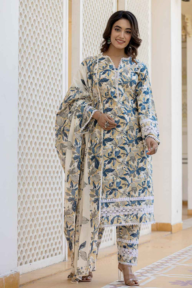 Beige Gometric Print Lace Work Pure Cotton Kurti Pant Set