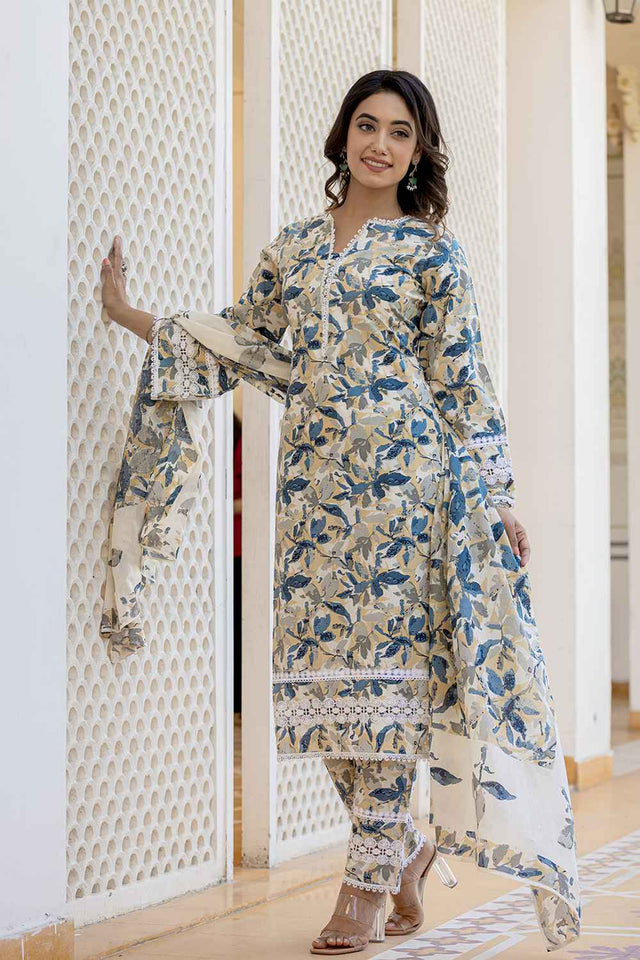 Beige Gometric Print Lace Work Pure Cotton Kurti Pant Set