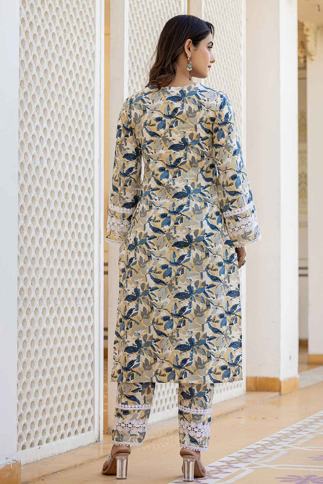 Beige Gometric Print Lace Work Pure Cotton Kurti Pant Set