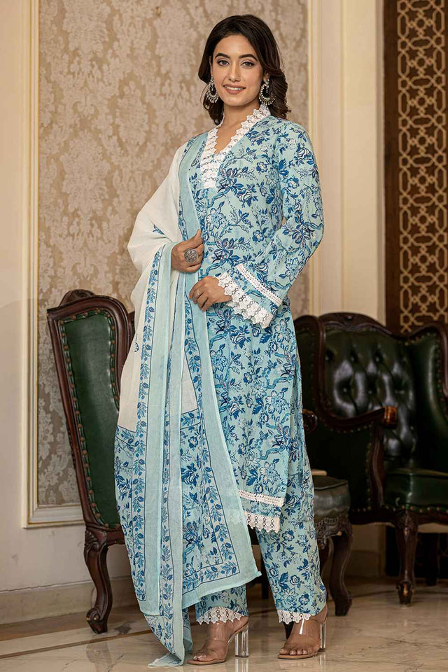 Blue Floral Print Lace Work Pure Cotton Kurti Pant Set