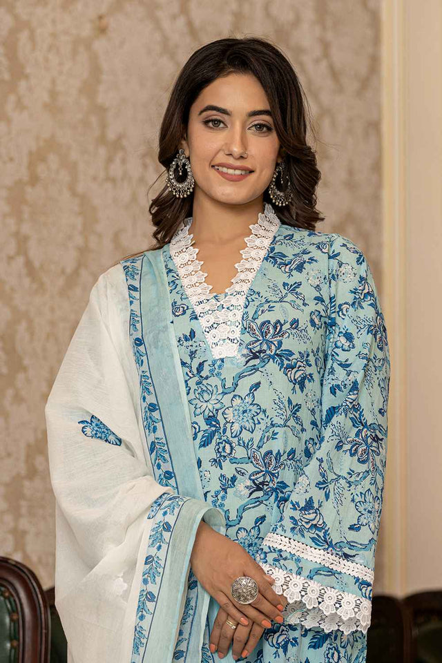 Blue Floral Print Lace Work Pure Cotton Kurti Pant Set