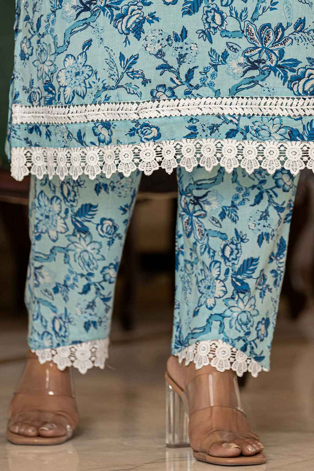 Blue Floral Print Lace Work Pure Cotton Kurti Pant Set