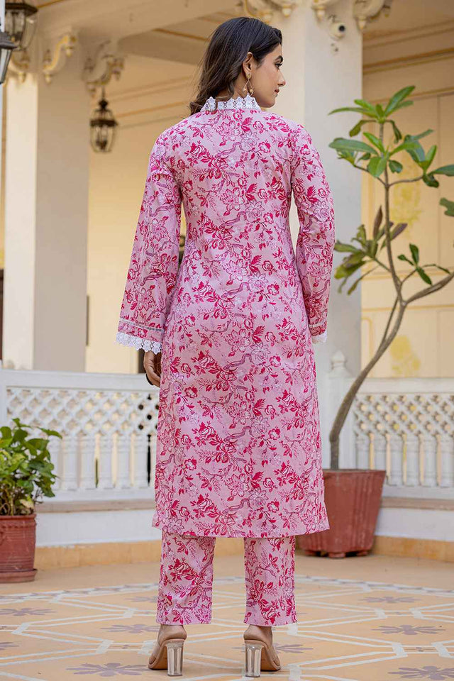 Pink Floral Print Lace Work Pure Cotton Kurti Pant Set