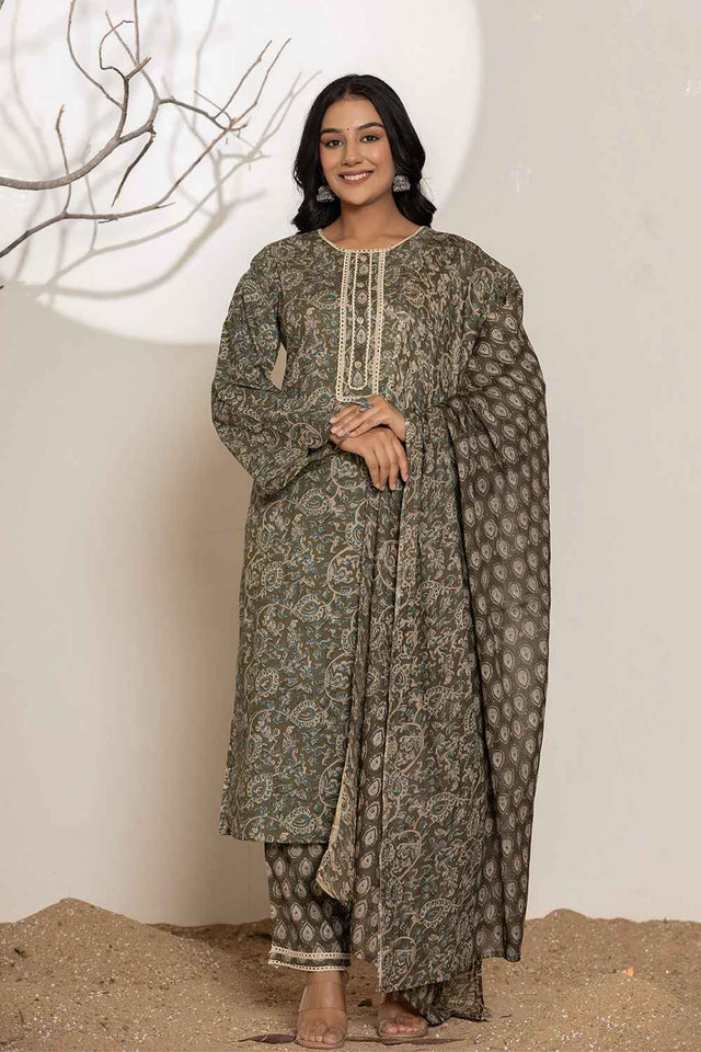 Green Floral Print Lace Work Pure Cotton Kurti Pant Set