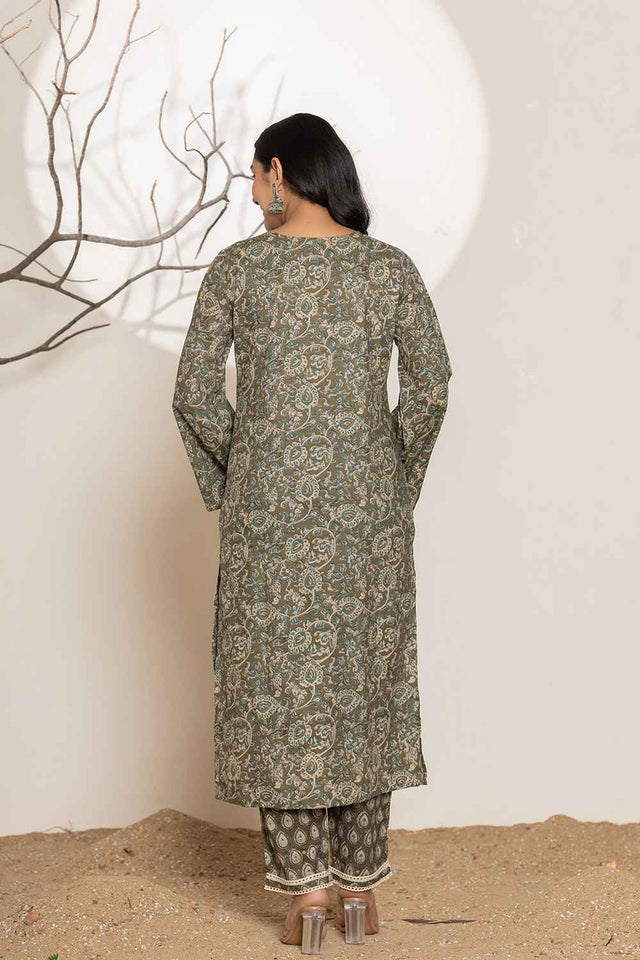 Green Floral Print Lace Work Pure Cotton Kurti Pant Set