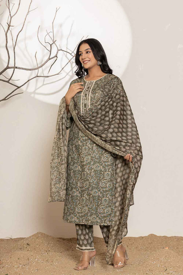 Green Floral Print Lace Work Pure Cotton Kurti Pant Set