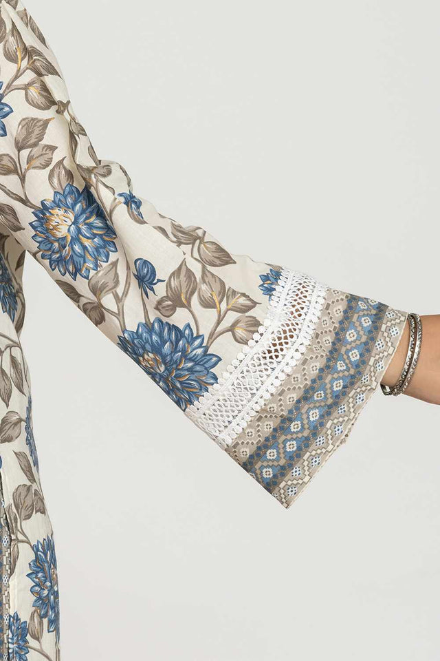 White Floral print Cotton Kurti Pant Set