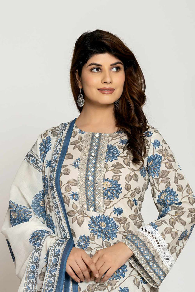 White Floral print Cotton Kurti Pant Set