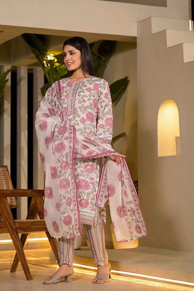 Pink Floral Print Pure Cotton Kurti Pant Set