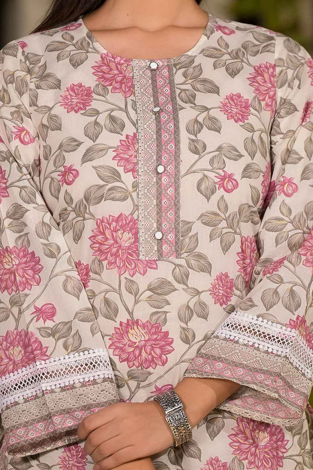 Pink Floral Print Pure Cotton Kurti Pant Set