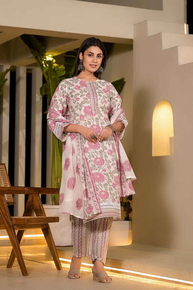 Pink Floral Print Pure Cotton Kurti Pant Set