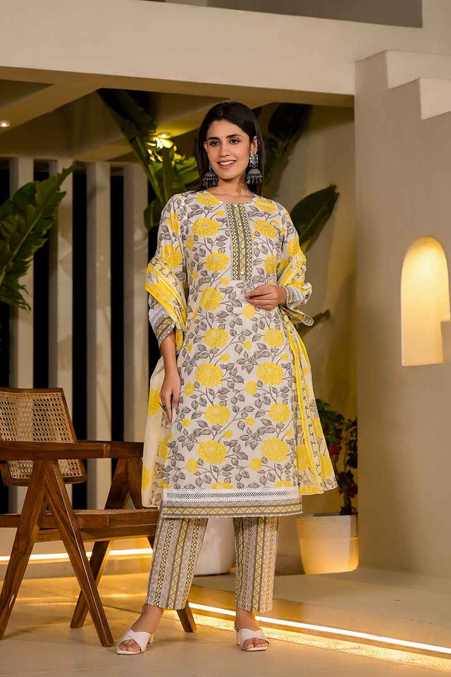 Yellow Floral Print Pure Cotton Kurti Pant Set
