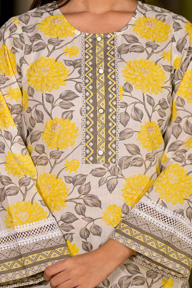 Yellow Floral Print Pure Cotton Kurti Pant Set