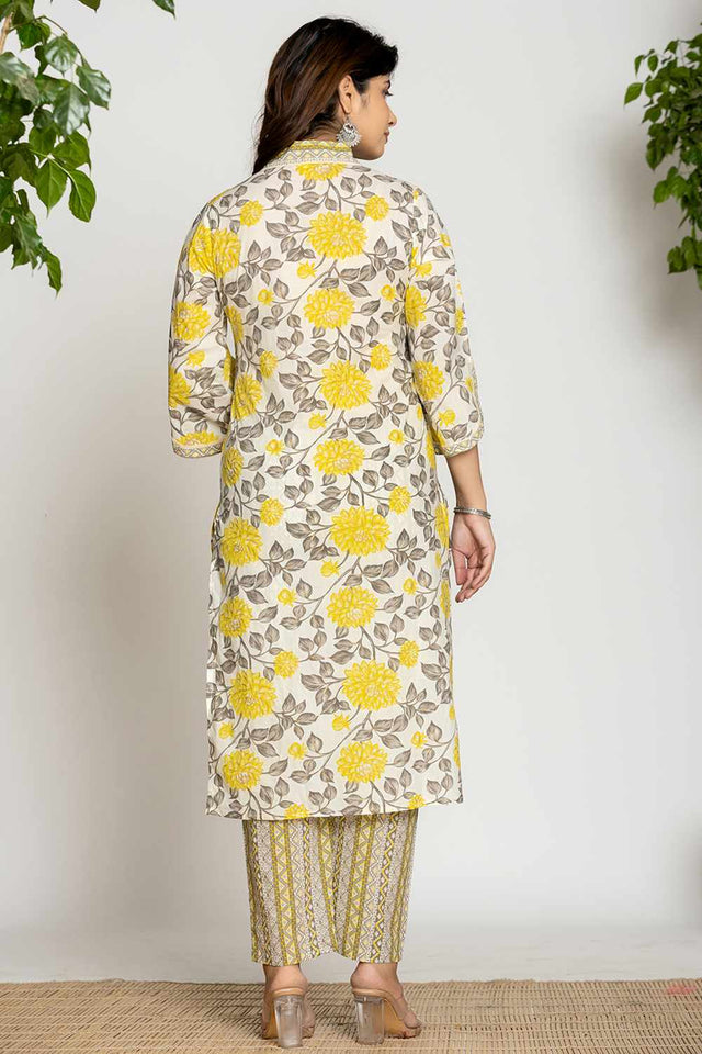 White Floral print Cotton Kurti Pant Set