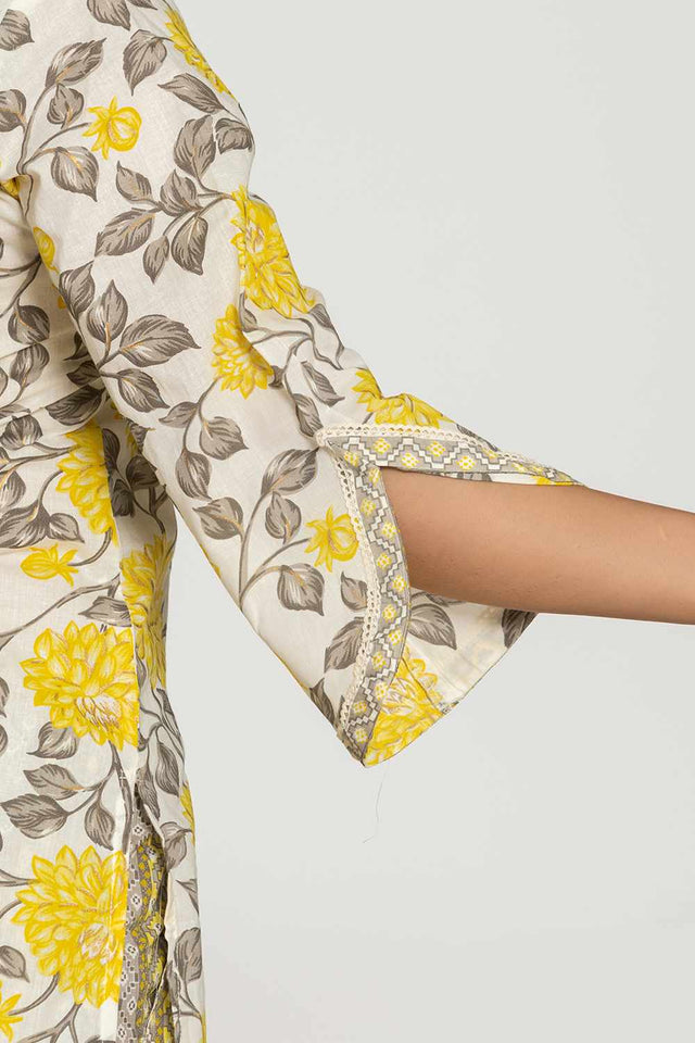 White Floral print Cotton Kurti Pant Set