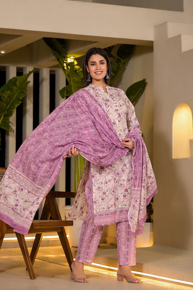 Violet Printed Cotton Straight Cut Suit Set