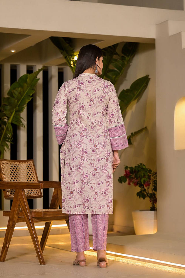 Violet Printed Cotton Straight Cut Suit Set