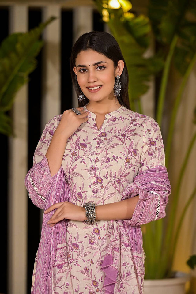 Violet Printed Cotton Straight Cut Suit Set