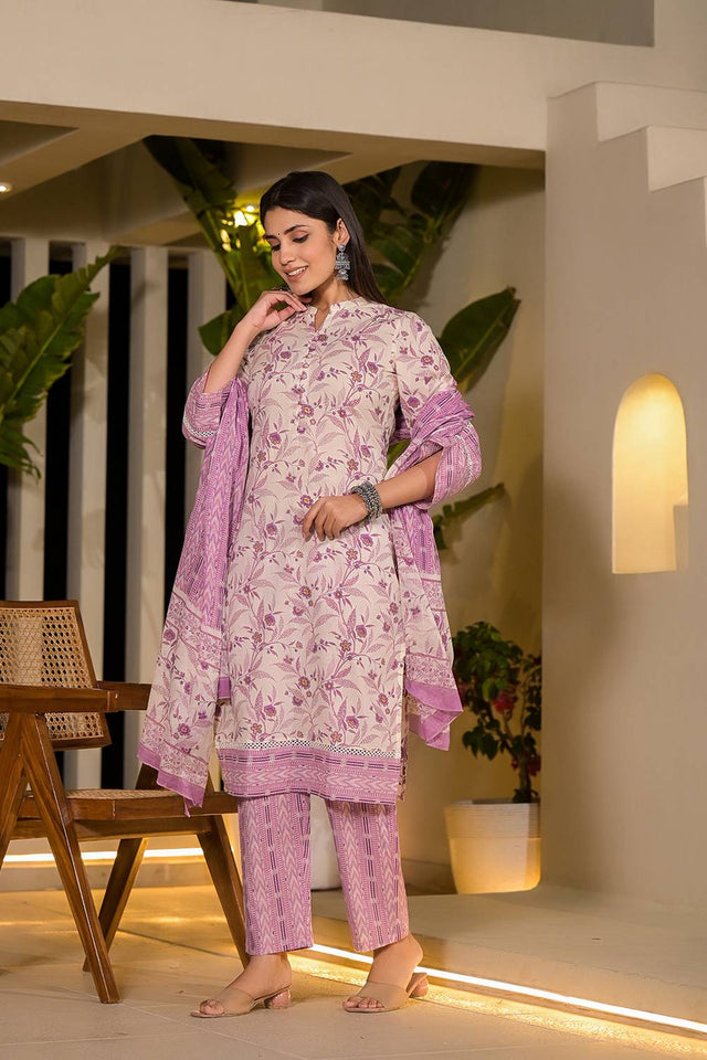 Violet Printed Cotton Straight Cut Suit Set