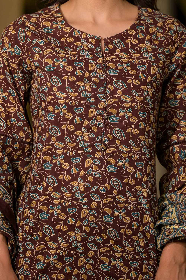 Red Floral Print Lace Work Pure Cotton Kurti Pant Set