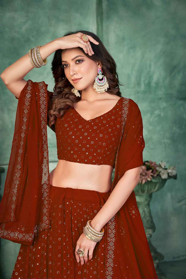 Maroon Sequin with Embroidered Georgette Lehenga